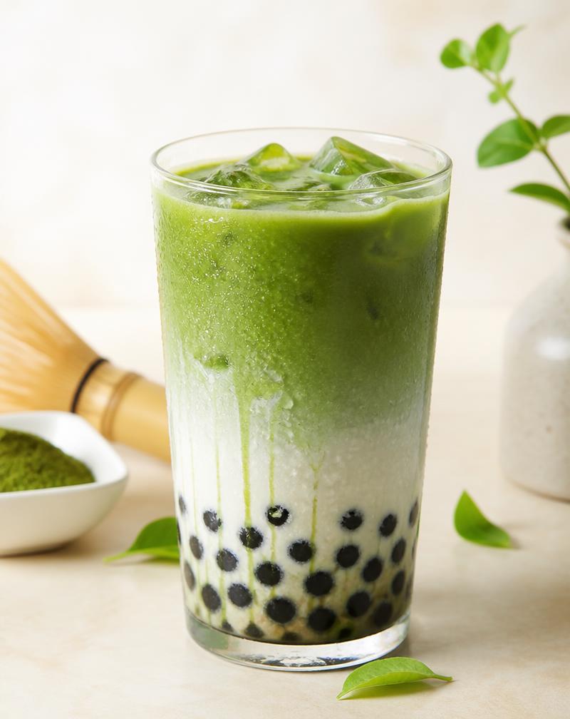 Beautifully layered matcha bubble tea with tapioca pearls