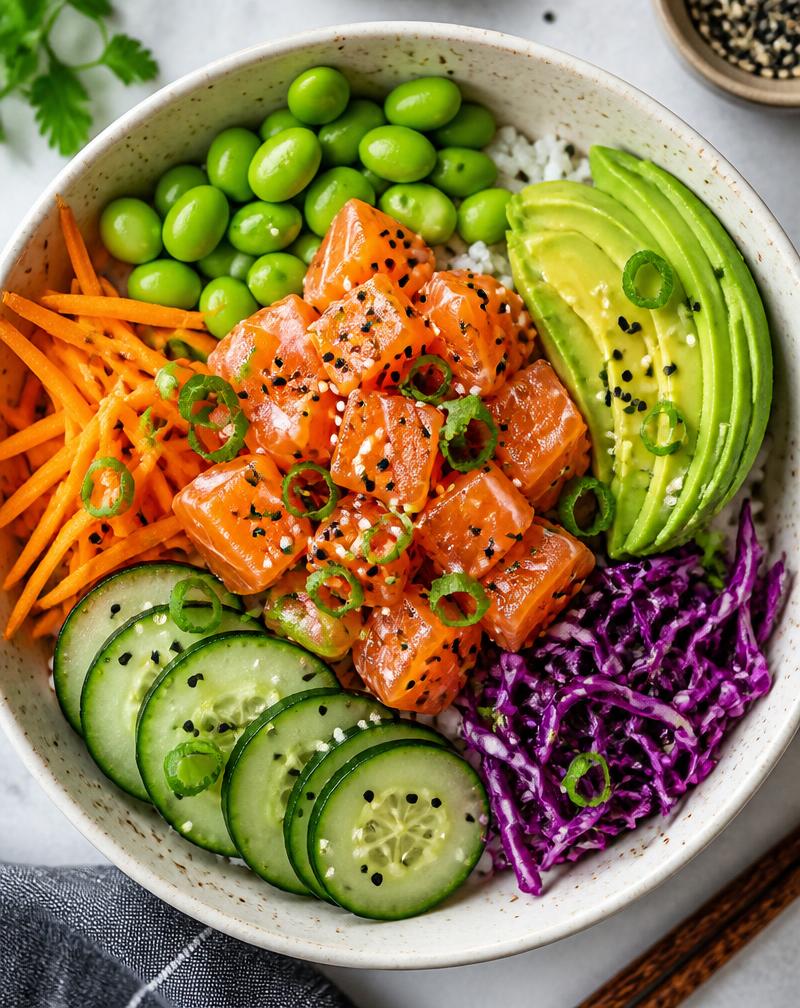 Vibrant poke bowl with fresh salmon, avocado, and edamame